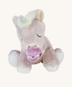 The baby unicorn toy is positioned to sit upright, and is holding the magnetic dummy