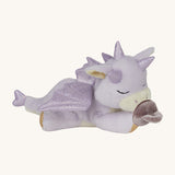 A Olli Ella binky misty dragon doll lying flat. This fluffy light purple dragon features glittery wings, horns and available at Babipur.