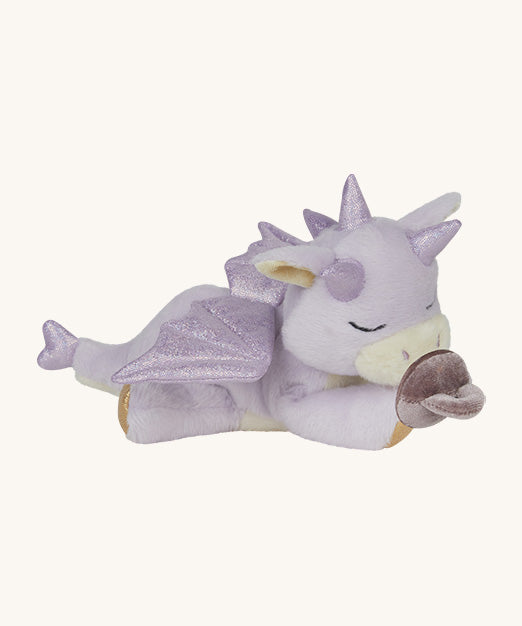 A Olli Ella binky misty dragon doll lying flat. This fluffy light purple dragon features glittery wings, horns and available at Babipur.