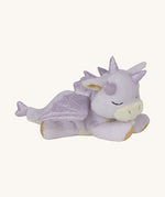 A Olli Ella binky misty dragon doll lying flat. This fluffy light purple dragon has a sleeping face,  features glittery wings, horns and available at Babipur.