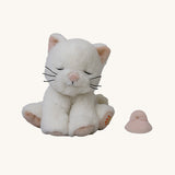A sitting Olli Ella Kiki binky kitten doll available at Babipur. This cute white fluffy doll has light pink paws, whiskers and comes with a matching pink pacifier.