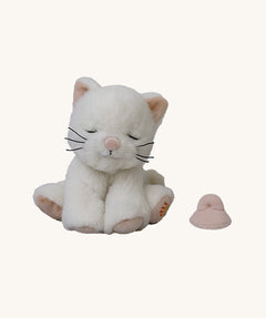 A sitting Olli Ella Kiki binky kitten doll available at Babipur. This cute white fluffy doll has light pink paws, whiskers and comes with a matching pink pacifier.