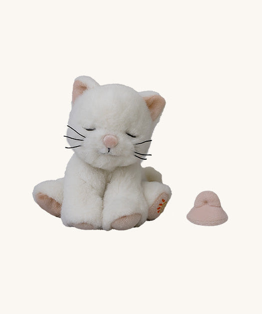 A sitting Olli Ella Kiki binky kitten doll available at Babipur. This cute white fluffy doll has light pink paws, whiskers and comes with a matching pink pacifier.