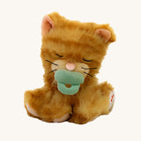 A Olli Ella Koda binky kitten doll sitting with the green magnetic pacifier in the mouth. This cute fluffy toy doll is available at Babipur