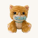 A sitting Olli Ella binx cat dinkum doll with the blue magnetic fish in its mouth available at Babipur. This fluffy cat is orange striped with playful facial features and light pink paws