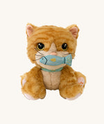 A sitting Olli Ella binx cat dinkum doll with the blue magnetic fish in its mouth available at Babipur. This fluffy cat is orange striped with playful facial features and light pink paws