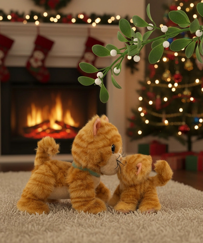 A festive image of a Olli Ella binx cat dinkum doll and koda the binky kitten kissing under a mistletoe. Both of these toy dolls are available at Babipur.