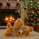 A festive image of a Olli Ella binx cat dinkum doll and koda the binky kitten kissing under a mistletoe. Both of these toy dolls are available at Babipur.