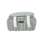 Back of the Olli ella natural rattan mini chari bag in the vintage blue colour on a white background