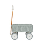 Side of the Olli Ella blue rattan wonder wagon on a white background