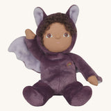 A purple coloured Olli Ella Bowie bat dinky dinkum doll soft toy. The dinky has dark coloured hair. These soft toys are part of Olli Ella's Halloween collection available here at Babipur.
