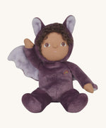 A purple coloured Olli Ella Bowie bat dinky dinkum doll soft toy. The dinky has dark coloured hair. These soft toys are part of Olli Ella's Halloween collection available here at Babipur.