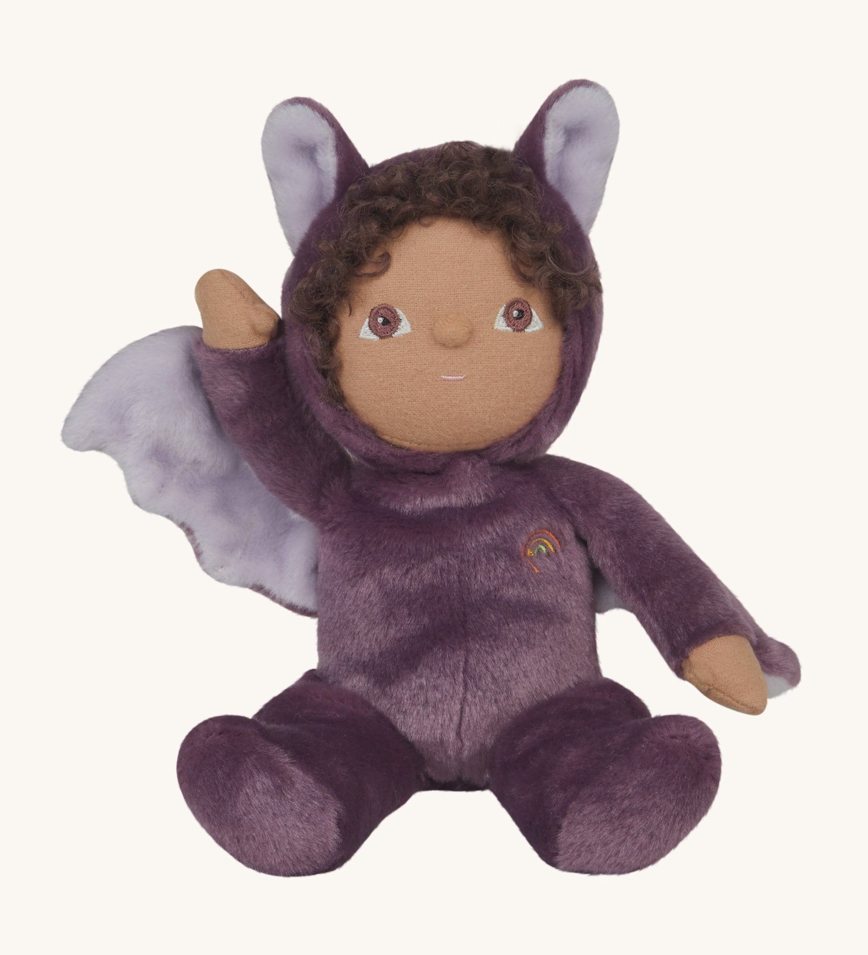 A purple coloured Olli Ella Bowie bat dinky dinkum doll soft toy. The dinky has dark coloured hair. These soft toys are part of Olli Ella's Halloween collection available here at Babipur.