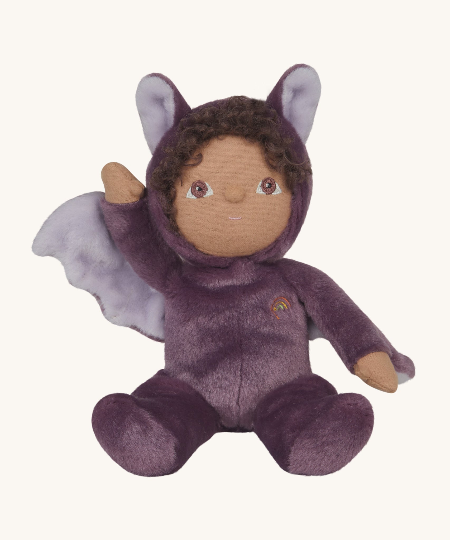 A purple coloured Olli Ella Bowie bat dinky dinkum doll soft toy. The dinky has dark coloured hair. These soft toys are part of Olli Ella's Halloween collection available here at Babipur.