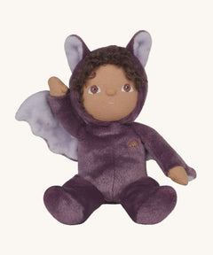 A purple coloured Olli Ella Bowie bat dinky dinkum doll soft toy. The dinky has dark coloured hair. These soft toys are part of Olli Ella's Halloween collection available here at Babipur.