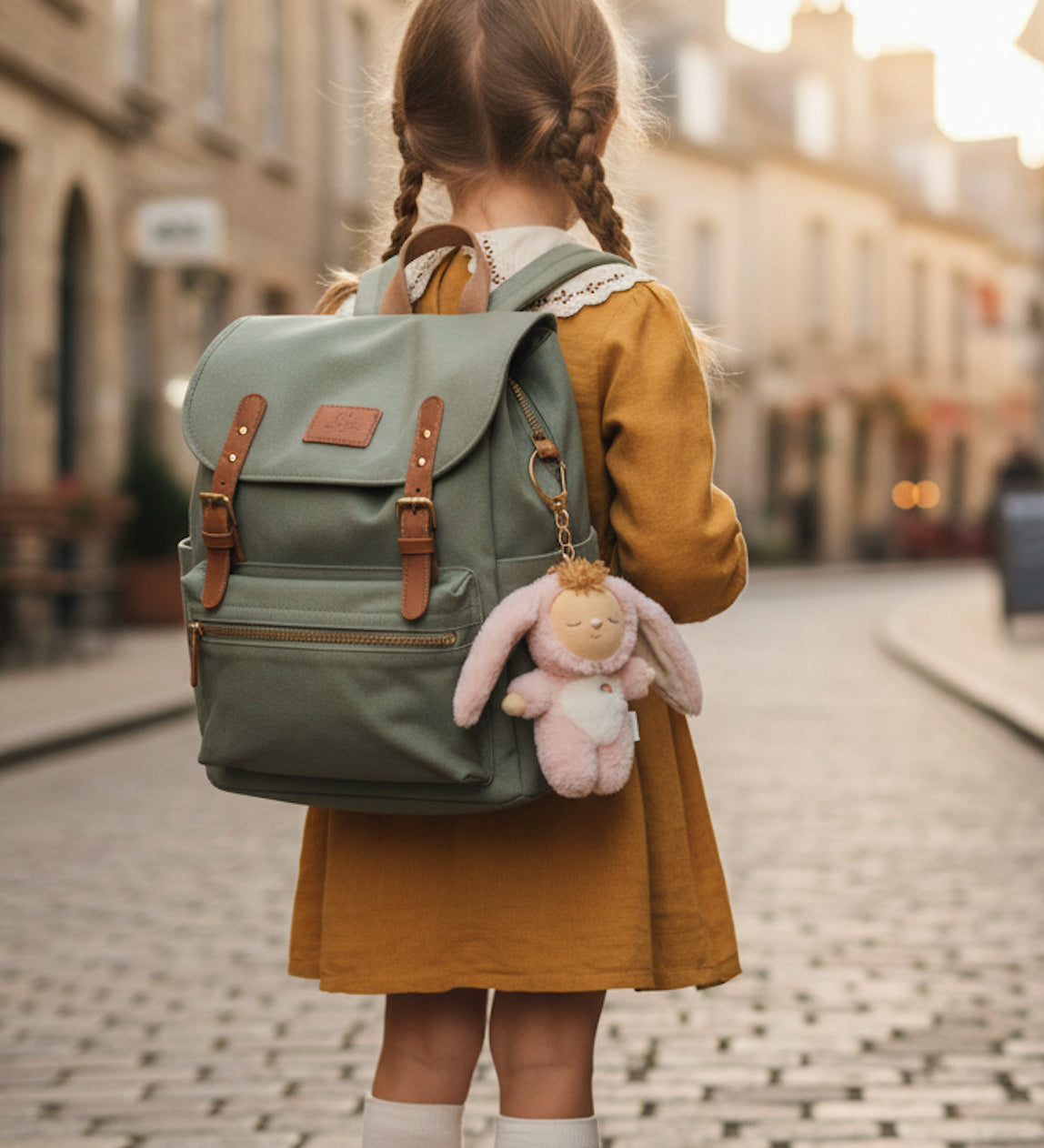 The back of a little girl on an empty European street, wearing a backpack with an Olli Ella Bunny Flopsy bag charm attached.