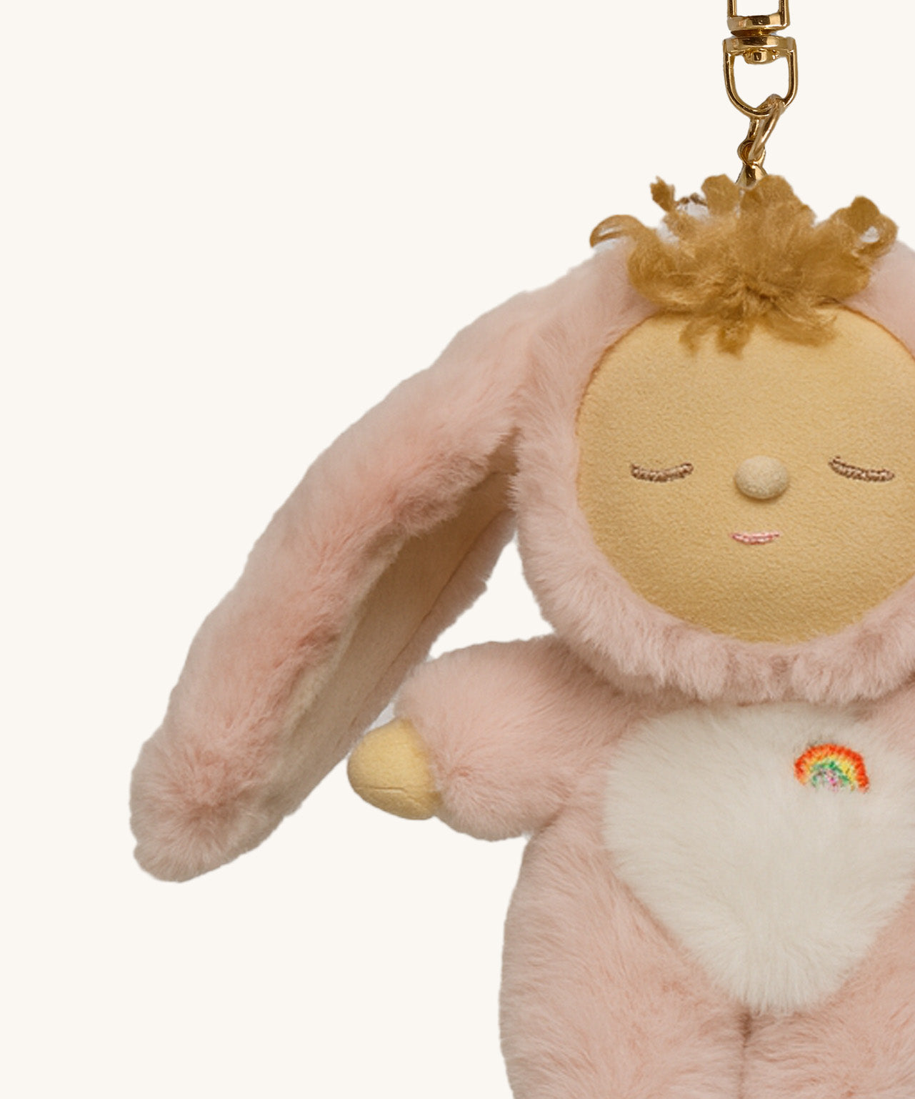 A close up of the Olli Ella bunny flopsy cozy bag charm available at Babipur showing the floppy ears and cute facial features