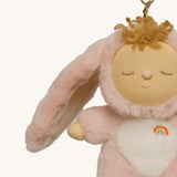 A close up of the Olli Ella bunny flopsy cozy bag charm available at Babipur showing the floppy ears and cute facial features