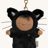 A close up of the Olli Ella cat nox cozy bag charm available at Babipur showing the cats whiskers and clip detail on the charm