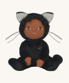 Olli Ella Carson Cat Dinky Dinkum Doll. This soft toy is a black cat with glow in the dark inner ears and a small embroidered rainbow detail on the chest. These soft toys are part of Olli Ella's Halloween collection available here at Babipur.