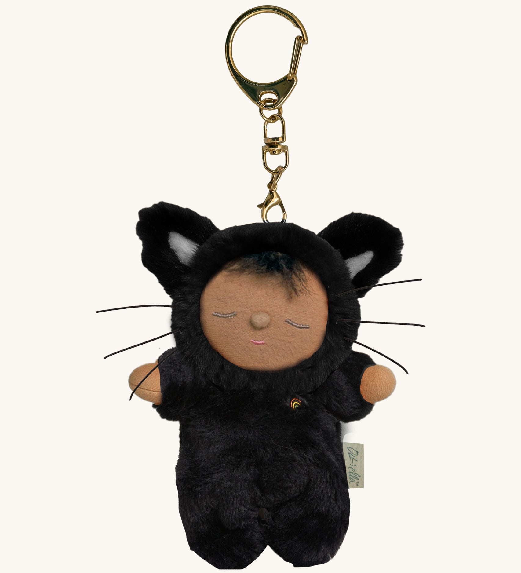 Olli Ella cat nox cozy bag charm available at Babipur. A mini version of the nox the cat dinkum doll that can be clipped on a bag