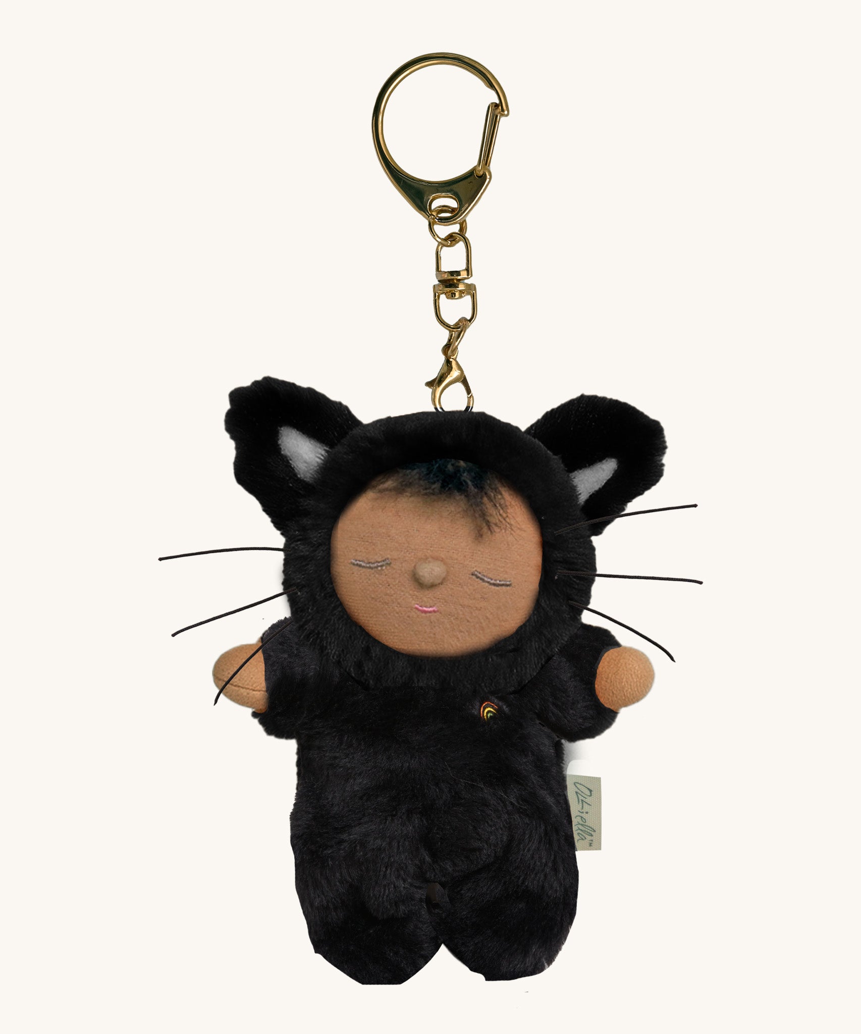 Olli Ella cat nox cozy bag charm available at Babipur. A mini version of the nox the cat dinkum doll that can be clipped on a bag