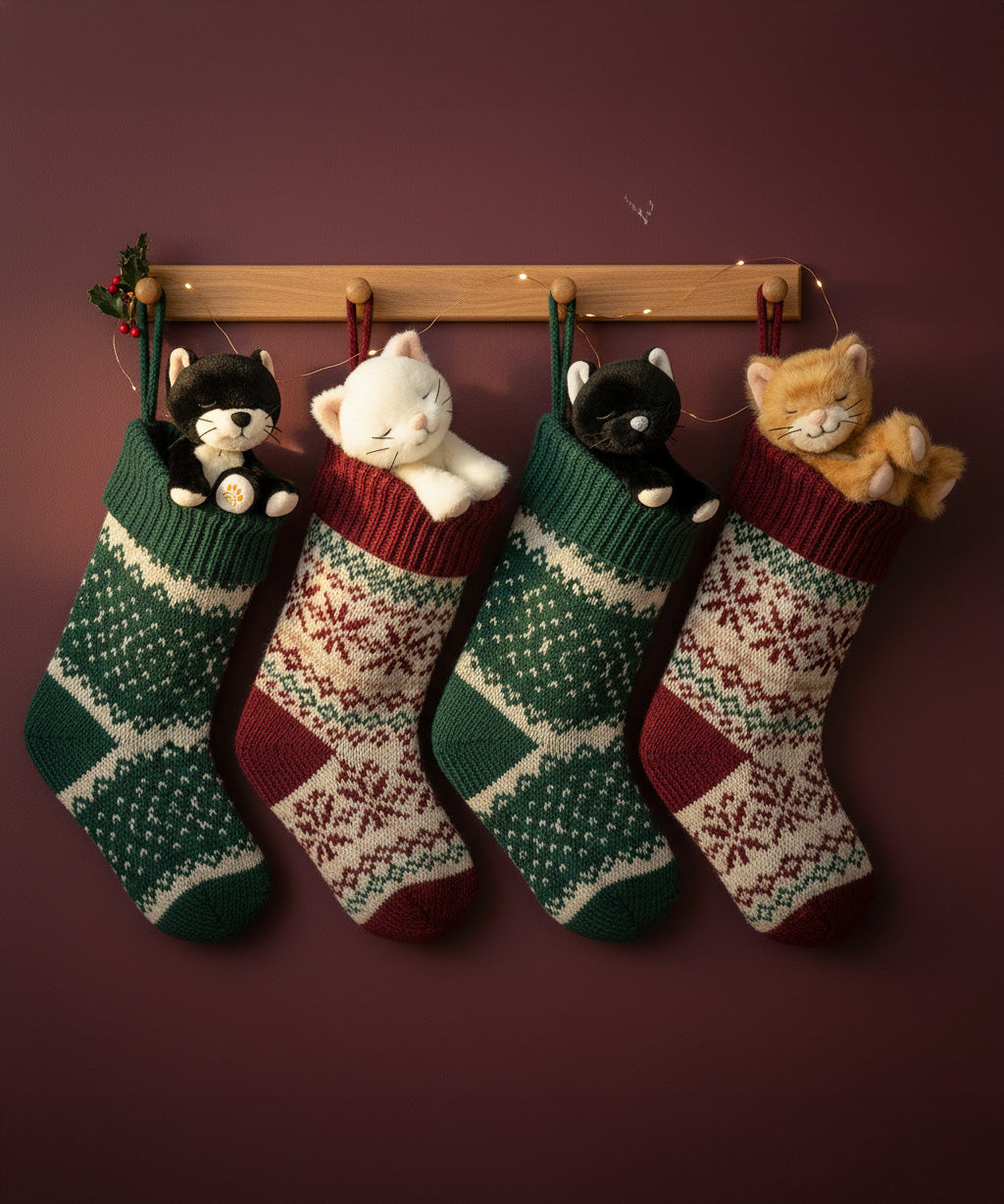 A festive photo featuring Olli Ella binky kitten toy dolls sitting inside a Christmas stocking handing on hooks. These soft dolls are available at Babipur.