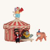 Olli Ella red and white rattan basket in a shape of a circus tent available at Babipur with various circus inspired holdie folk dolls