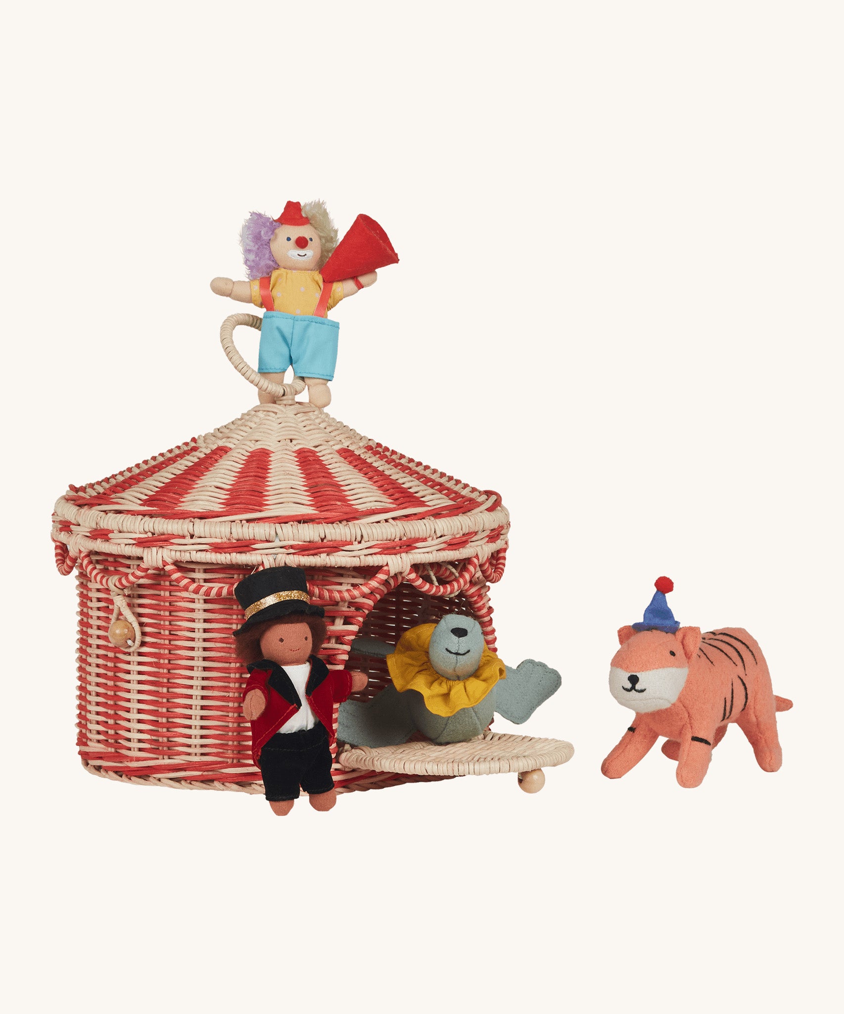 Olli Ella red and white rattan basket in a shape of a circus tent available at Babipur with various circus inspired holdie folk dolls