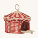 Olli Ella red and white rattan circus basket tent with the front door open. This basket is available at Babipur