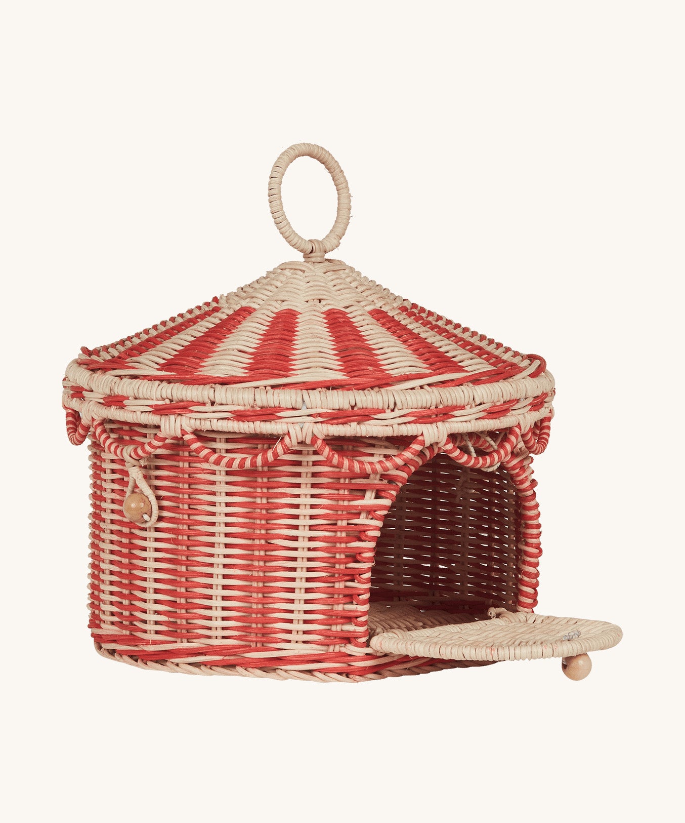 Olli Ella red and white rattan circus basket tent with the front door open. This basket is available at Babipur