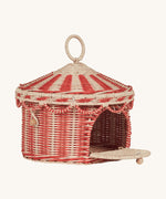 Olli Ella red and white rattan circus basket tent with the front door open. This basket is available at Babipur