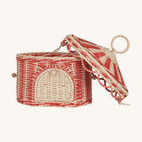 Olli Ella red and white rattan basket in a shape of a circus tent available at Babipur. Features a removable lid and a front door that opens.