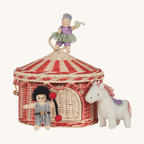 Olli Ella red and white rattan circus basket tent with 3 circus inspired holdie folk dolls available at Babipur. 