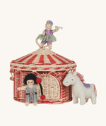 Olli Ella red and white rattan circus basket tent with 3 circus inspired holdie folk dolls available at Babipur. 