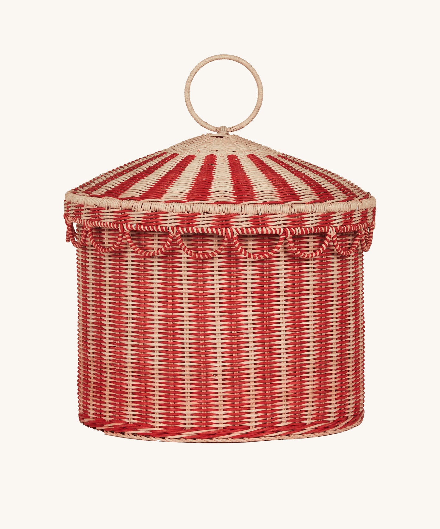 Olli Ella Red & Straw Rattan Circus Tent Basket. This large capacity basket is perfect for use as toy storage. Olli Ella have a range of stylish storage solutions and soft toys available here at Babipur. 