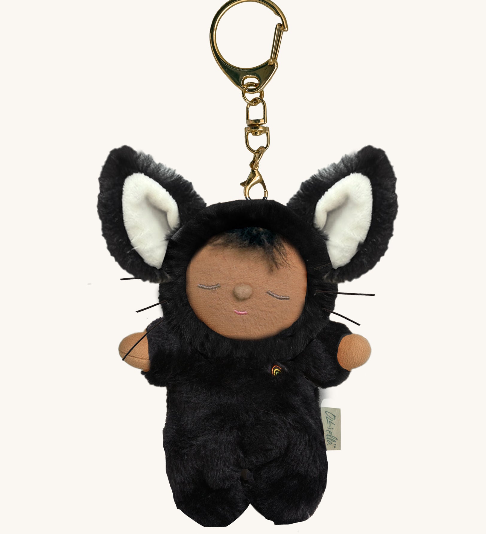 Olli Ella cat nox cozy bag charm available at Babipur. A mini version of the nox the cat dinkum doll that can be clipped on a bag