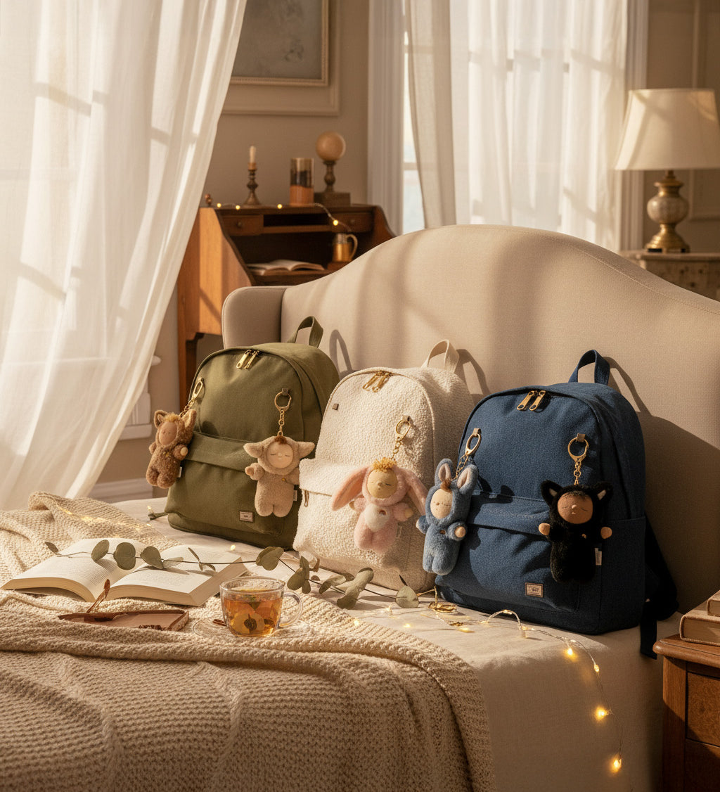 Olli Ella cozy bag charms clipped on 3 backpacks sitting on top of a bed showing scale. These bag charms are available at Babipur.