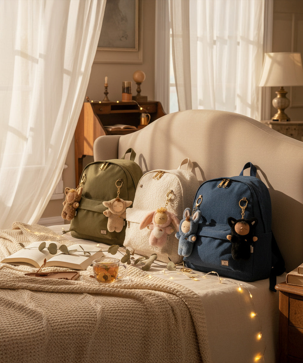 Olli Ella cozy bag charms clipped on 3 backpacks sitting on top of a bed showing scale. These bag charms are available at Babipur.