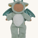 Olli Ella Ash cozy dinkum doll available at Babipur. A soft and fluffy pale green dragon doll with a cute sleepy face and sparkling green dragon wings and horns