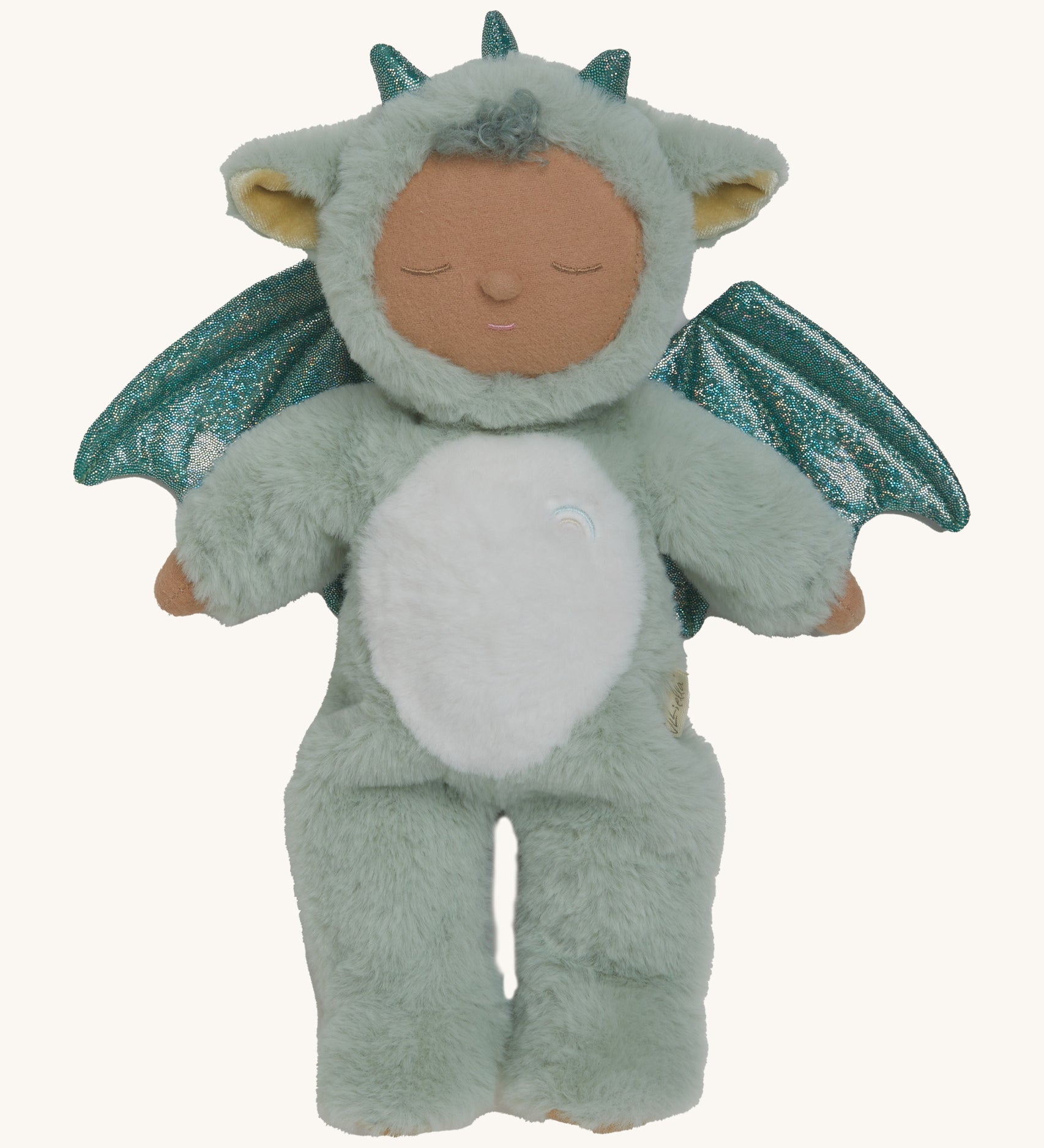 Olli Ella Ash cozy dinkum doll available at Babipur. A soft and fluffy pale green dragon doll with a cute sleepy face and sparkling green dragon wings and horns