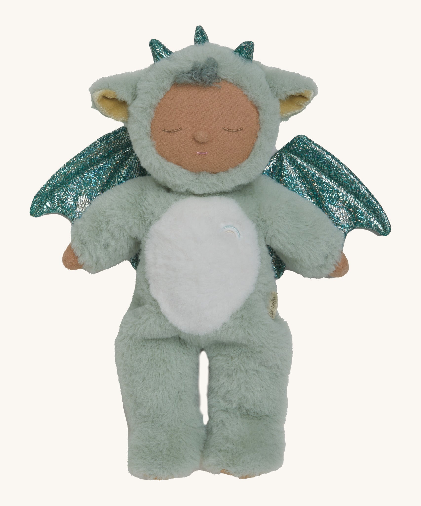 Olli Ella Ash cozy dinkum doll available at Babipur. A soft and fluffy pale green dragon doll with a cute sleepy face and sparkling green dragon wings and horns