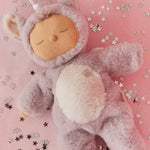 A lilac fluffy unicorn Olli Ella dozy dinkum doll lying down