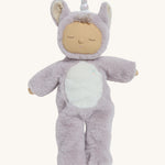 A lilac fluffy unicorn Olli Ella dozy dinkum doll on a cream background