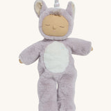 A lilac fluffy unicorn Olli Ella dozy dinkum doll on a cream background