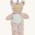 A pink fluffy unicorn Olli Ella dozy dinkum doll on a cream background