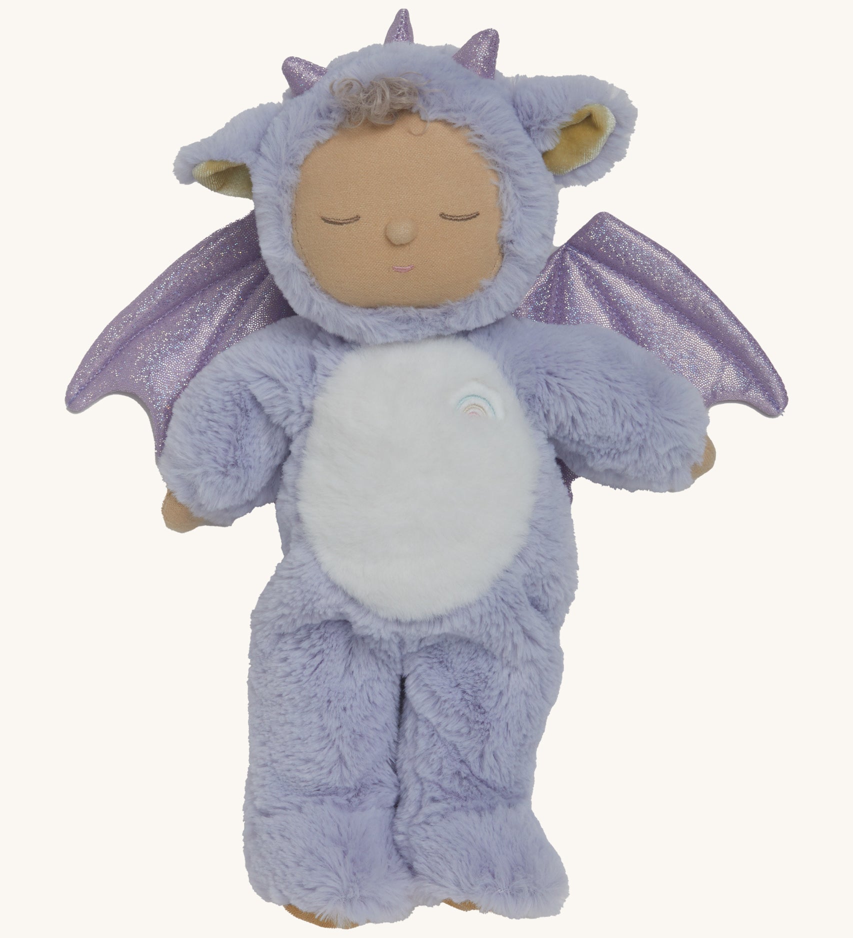 Olli Ella Rory cozy dinkum doll available at Babipur. A soft and fluffy lilac doll with a cute sleepy face and sparkling lilac dragon features