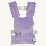 Olli Ella Dinkum Dolls Petal Carrier - Lavender. A snuggly plush velvet lavender doll carrier, on a cream background