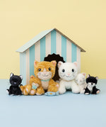 A group image of the Olli Ella binky kitten dolls alongside the cat dinkum dolls with a striped cardboard shelter in the background. These soft toys are available at Babipur.