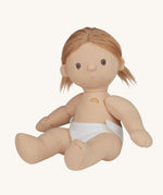 An Olli Ella Gigi Dinkum doll. The doll has blonde hair in pig tails and brown eyes. The doll is in a seated position and is wearing a white nappy. Shown on a plain background.  